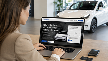 Ankaufsformular für einen Tesla am Laptop ausfüllen